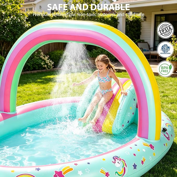 SULIFEEL Rainbow Unicorn Inflatable Play Center Kiddie Pool with Slide and Sprinkler for Children, 96''x59''x39'' Baby Pool for Backyard and Garden