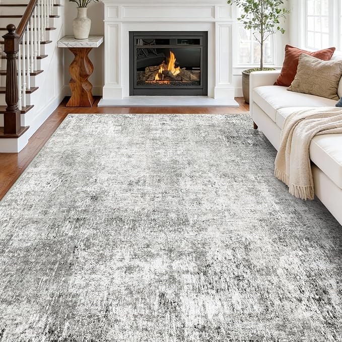 RELEANY Washable 9'x12' Abstract Area Rug for Living Room Gray White | Carpet for Bedroom, Kitchen, Office, Hallway and Entryway, Printed Pattern, Non‑Slip, Soft, Stain‑Resistant, Easy to Clean
