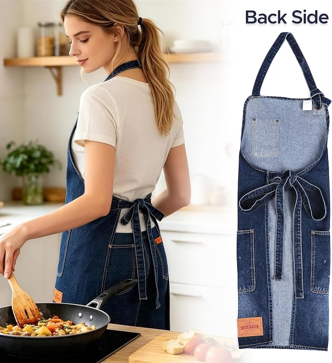 Denim Chef Apron for Women with Pockets, Jean Waitress Server Kitchen Apron for Men Cooking Gardening Painting