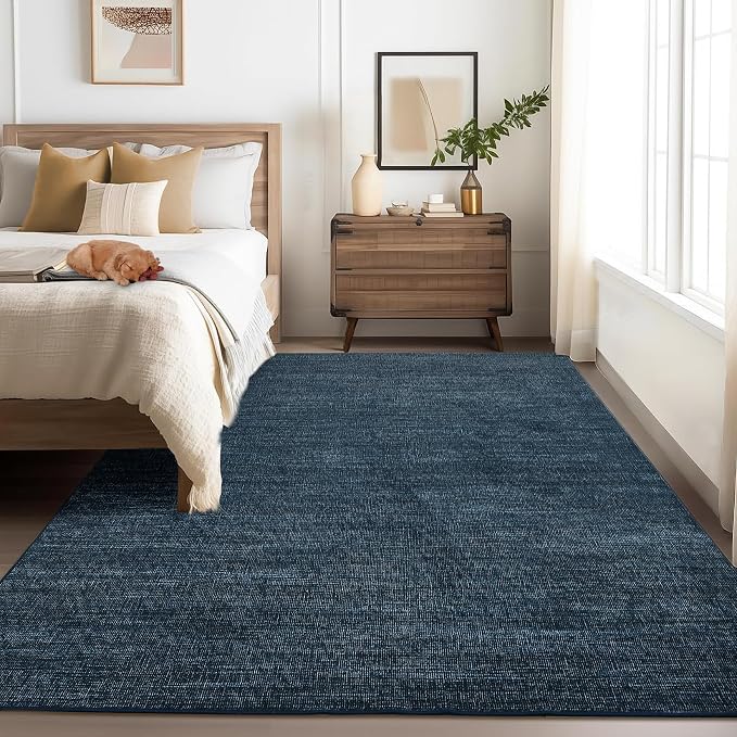 Garvee Modern Living Room Rugs 9x12 Dining Room Rugs for Under Table, Navy | Machine Washable Non Slip Solid Color Non Shedding Low Pile Stain Resistant Foldable Neutral Soft Rug for Bedroom Nursery