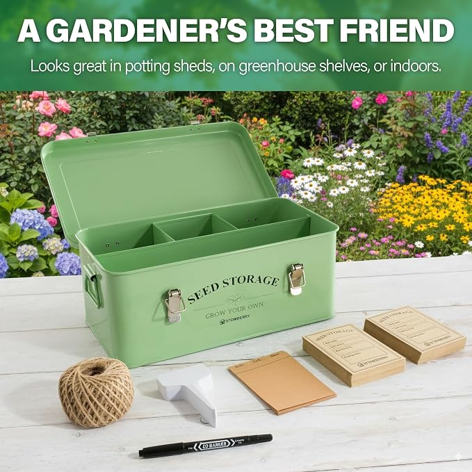Seed Storage Box Organiser – Green Garden Seeds Tin with Lid, Side Handles, 4 Compartments & Safety Lock – Seed Packet Container for Gardeners – Gardening Gift Idea with Over 200 Accessories | Seed Tin with Lid, Handles, 4 Sections & Safety Lock, Over ...