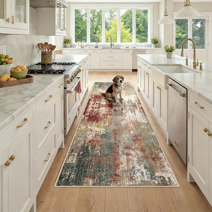 RELEANY Washable Runner 3'x8' Abstract Area Rug for Hallway Rustic Brown | Carpet for Kitchen, Entryway, Bathroom, Living Room, Bedroom, Printed Pattern, Non‑Slip, Soft, Stain‑Resistant, Easy to Clean