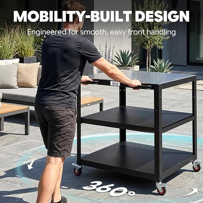 Feasto 36''x 24'' Heavy-Duty Outdoor Pizza Oven Table, 304 Stainless Steel Grill Table with Lockable Wheels for Pizza Ovens & Griddles, 3-Shelf Prep Table for Deck, Patio BBQ & Parties | 304 Stainless Steel Tabletop for Pizza Ovens & Griddles, Heavy-Du...