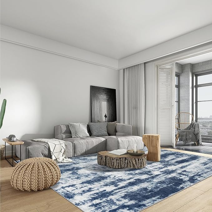 8x10 Area Rugs for Living Room: Washable Abstract Blue Grey Badroom Carpet | Non-slip TPE backing makes this washable soft low-pile rug safe & durable, Pet-friendly decor for dining room,nursery,office