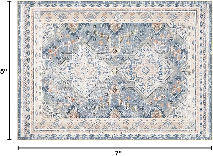 Phantoscope Washable Area Rug 5'x7' Non-Slip, Vintage Neutral Rugs for Living Room, Bedroom, Dining Room, Distressed Boho Geometric Medallion Pattern, Low-Pile Foldable Floor Carpet, Dusty Blue/Multi