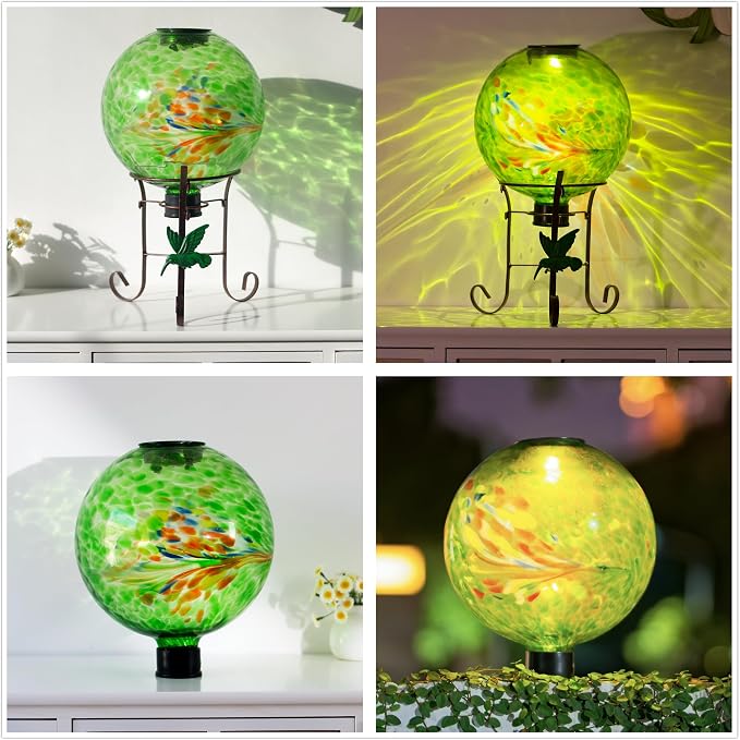 10 Inch Solar Glass Gazing Ball with 9.4" H Metal Stand | Solar Globe Ball Light Display Holder Set for Outdoor Garden Lawn Yard Decoration, Green Artistic