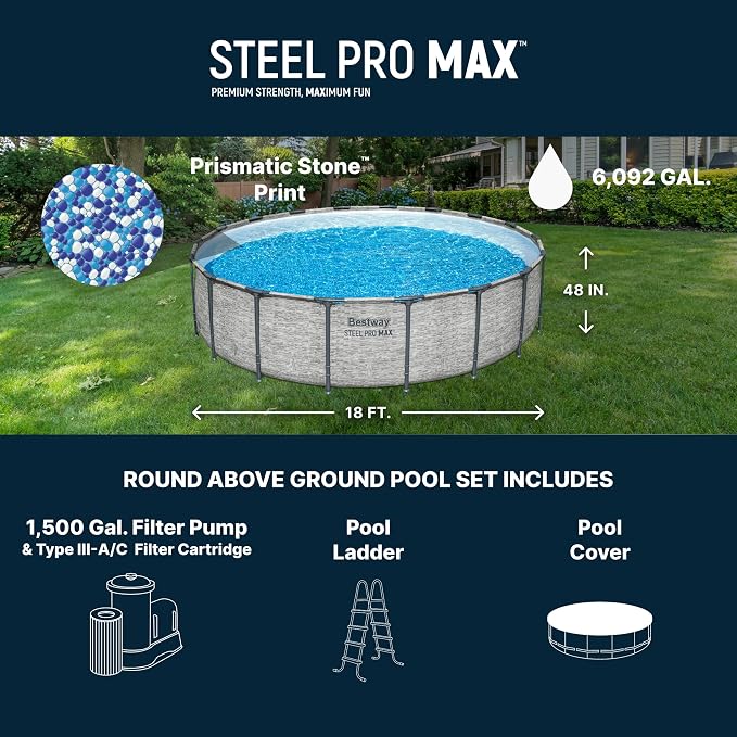 Bestway Steel Pro MAX 18' x 48" Above Ground Swimming Pool Set with Pump | Durable Round Metal Frame Outdoor Backyard Pool, Puncture-Resistant Liner - Ladder and Cover Included, Stacked Stone Print
