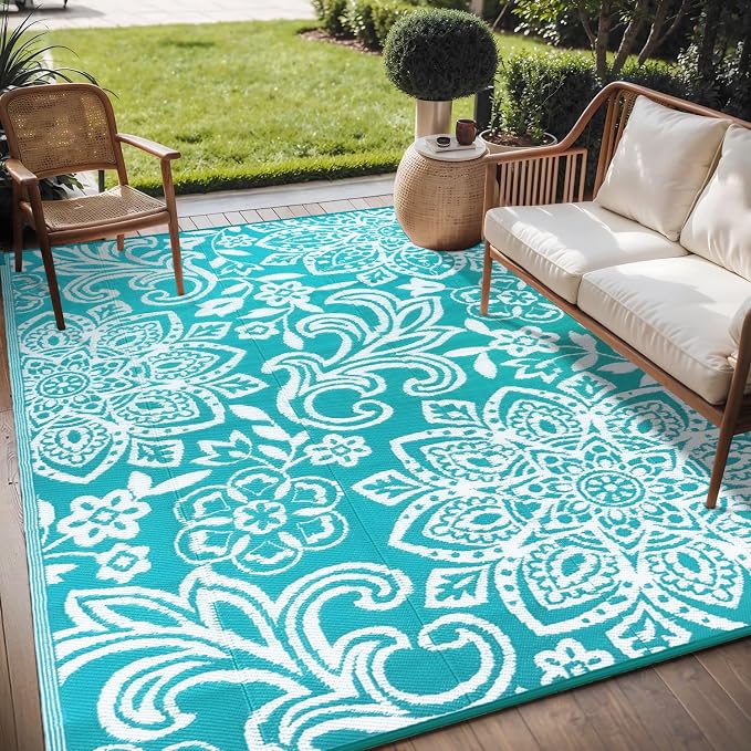 Findosom Waterproof Outdoor Rug 6' x 9' - Reversible Mandala Outdoor Plastic Straw Rug, Durable Foldable Patio Rug for RV, Deck, Balcony, Backyard, Picnic, Porch, Camping, Beach, Blue