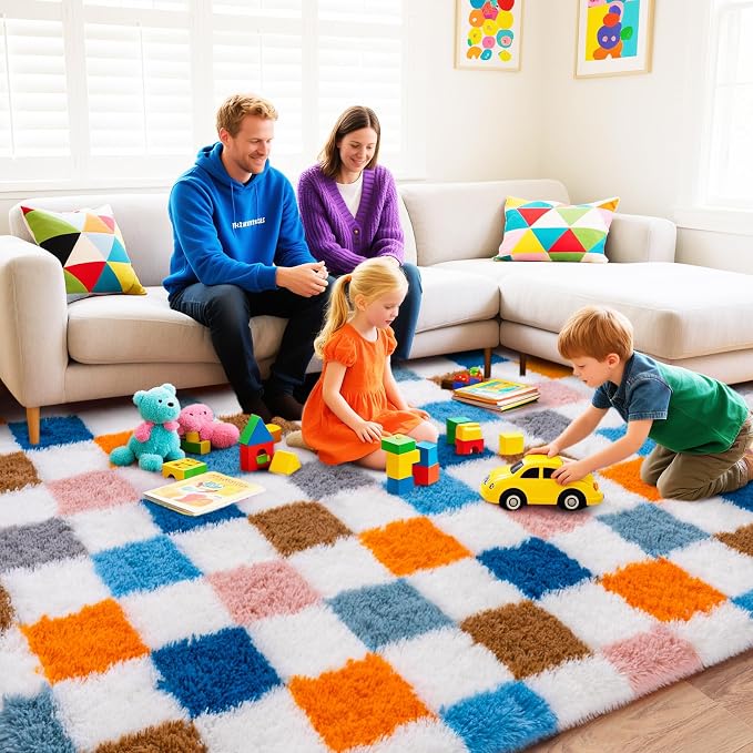 Checkered Rug 5x7 for Bedroom, Ultra Shag Large Rainbow Area Rug for Living Room, Modern Plush Soft Upgrade Non-Slip Fluffy Fuzzy Carpet for Kids Girls Room, Dorm Home Decor