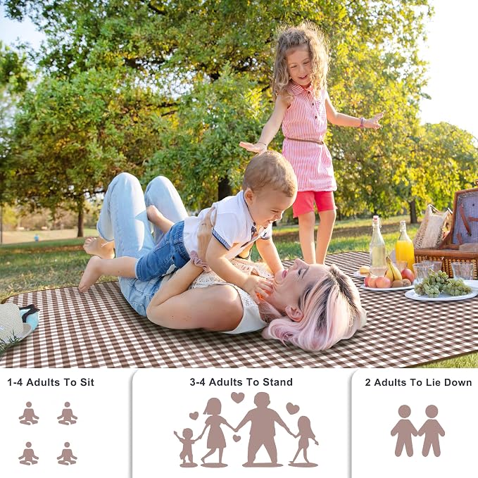 SAMSIER Outdoor Picnic Blankets Waterproof Foldable Sandproof, Extra Large Gingham Cute Picnic Mat Washable Portable for Park Beach Camping Courtyard (Brown, 80"×80")