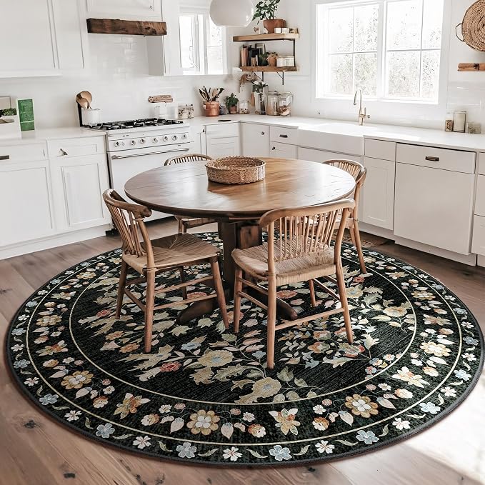 Round Rugs 6ft Circle Area Rug Washable Non Slip Ultra-Thin Floral | Machine Washable Large Circular Throw Carpet for Living Room Dining Room Floor Indoor Low Pile Boho Vintage Black