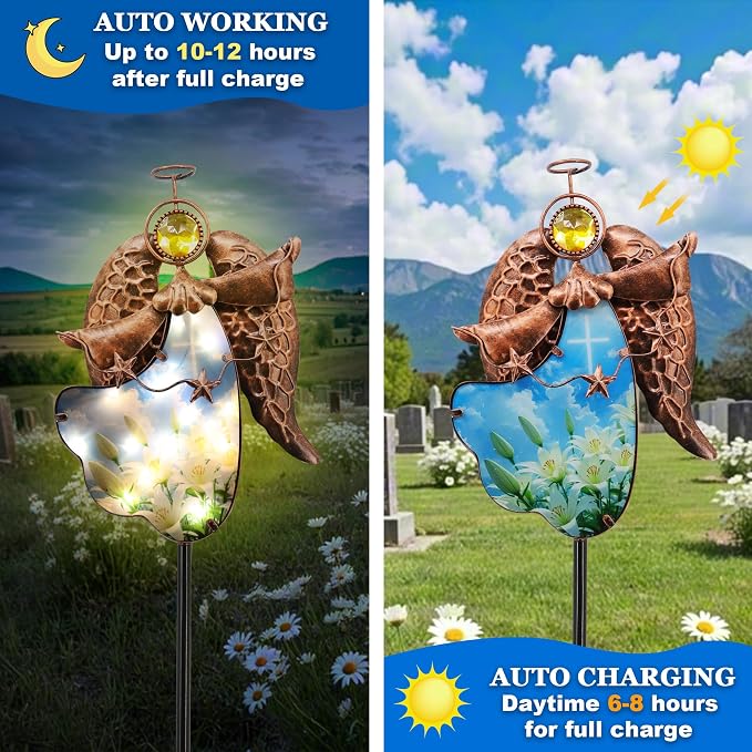 Solar Angel Garden Stake Light 32in, Iron Outdoor Decor with LED Cross Glass, Waterproof Memorial Yard Art, Easy Assembly Pathway Lighting for Patio Lawn