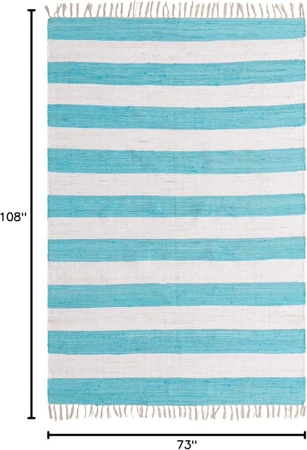 Unique Loom Chindi Rag Collection Area Rug - Striped (6' 1" x 9' Rectangle, Turquoise and Ivory)