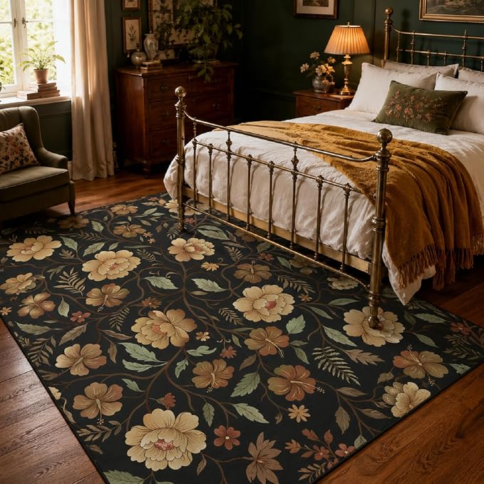 9CH Black Floral Rug - Elegant Vintage Botanical Area Rug with Sage Green Leaves, Non-Slip Dark Flower Pattern Carpet for Dining Room, Entryway (5'x7')