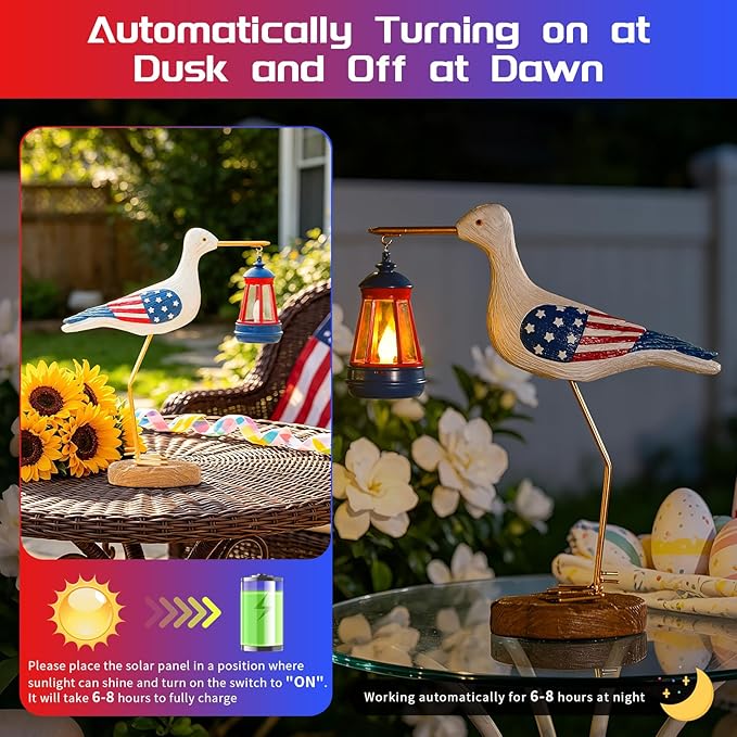 250th Anniversary Decorations,4th of July Decorations Solar Garden Lights,Fourth of July Red White and Blue Seagull Statue Solar Lights Outdoor,Patriotic Decor With Solar Lantern for Independence Day