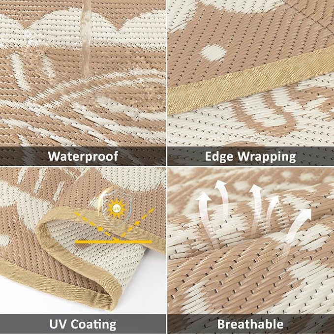 Pauwer Waterproof Outdoor Rug 8ft, Reversible Plastic Straw Patio Camping Rug, Indoor Outdoor RV Mat Carpet for Deck, Camper, Porch, Balcony, Backyard, Picnic, Paisley Brown