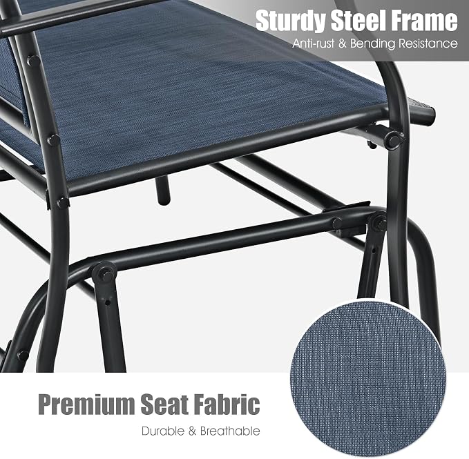 Giantex Outdoor Glider Bench, Patio Glider Bench for Outside, Steel Frame, 400 Lbs Capacity, Ergonomic Swing Rocking Chair Loveseat, 2-Person Porch Swing Rocker for Backyard, Lawn, Balcony, Dark Blue