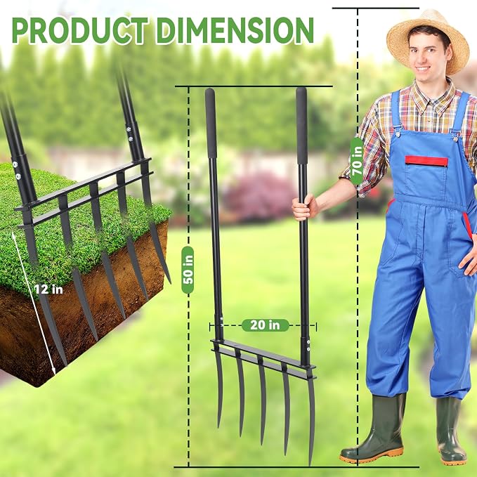 Broadfork Garden Tool, Heavy Duty 5-Tine Hand Tiller with 12" Sharp Tines and 2" Wide Foot Bar, Steel Soil Aerator Digging Fork for Loosening Compacted Soil, Garden Beds, Lawn and Yard