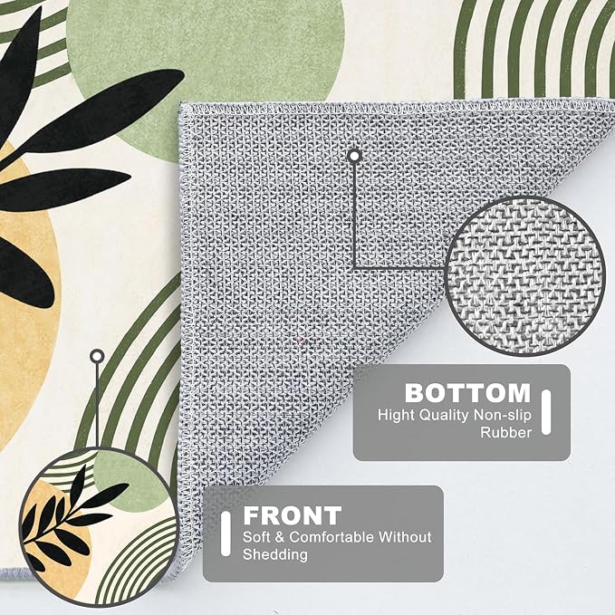Green Boho Rug 2x6 Hallway Runner Rugs Mid Century Modern Rugs | Washable Geometric Tropical Leave Rug Low Pile Non-Slip Abstract Long Carpet for Kitchen Bedroom Doorway Bathroom Laundry