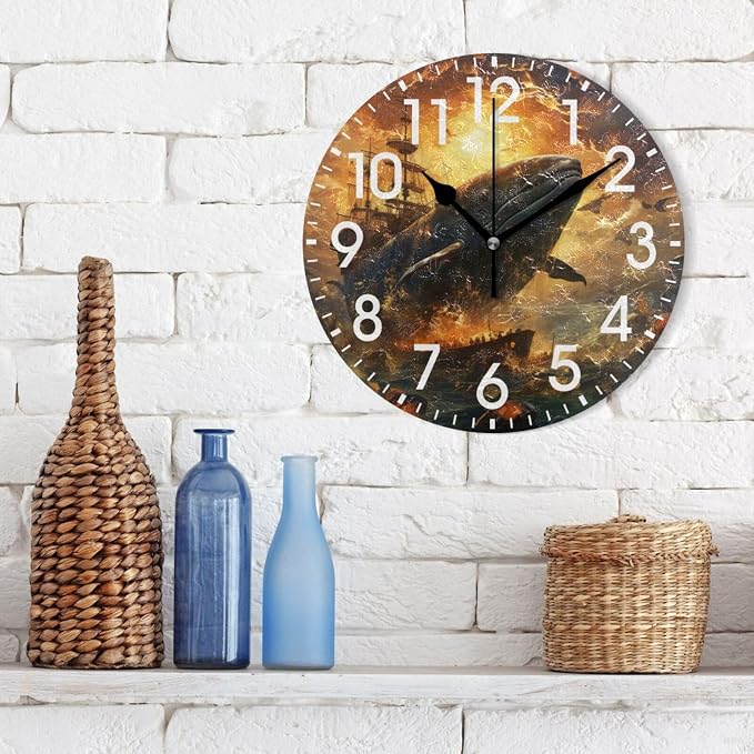 ALAZA Home Decor Whale Sunset Ship Round Acrylic 9.84 Inch Wall Clock Non Ticking Silent Clock Art for Living Room Kitchen Bedroom