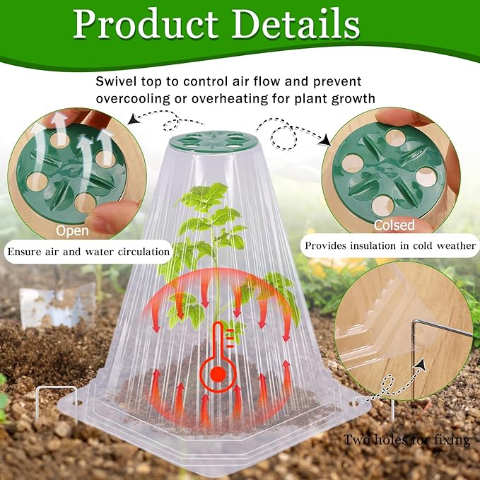 VICAMB 40 Pack Garden Cloches for Plants with 80PCS Ground Stakes,Clear Reusable Bell Covers with Rotatable Vent for Plant Protection,Garden Protector from Animals Birds Chicken,7.9" H X 6.7" D