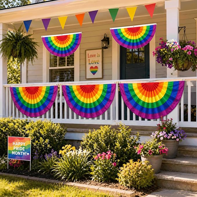 4Pack Progress Pride Bunting Flag 2x4 Ft Pleated Half Fan Flags Gay LGBTQ Pride Month Outdoor Decor Rainbow