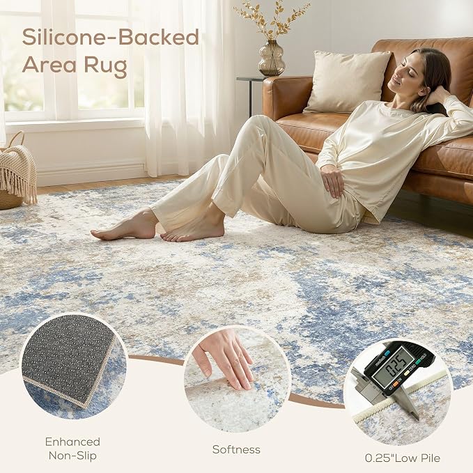 Nakagishi 3x8 Abstract Washable Area Rugs for Entryway-Blue Brown | Modern Non-Slip Silicone Backing Low Pile Soft Carpet for Bedroom Dining Decor for Families with Kids and Pets