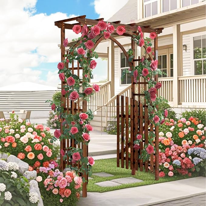 VINGLI 85in Wooden Arbor Garden Arch, Wedding Arch for Ceremony, Wood Trellis for Plant Climbing, Christmas Decor Pergola for Garden Backyard, Lawn (Wooden Brown)
