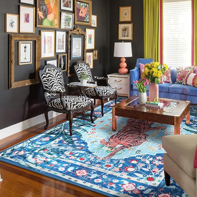 6x9 FT Leopard Rug for Living Room Vintage Animal Rug Aesthetic Rugs for Girls Room Nursery Bedroom Home Office Dorm Thin Bright Blue Carpet (Blue, 6X9 FT)