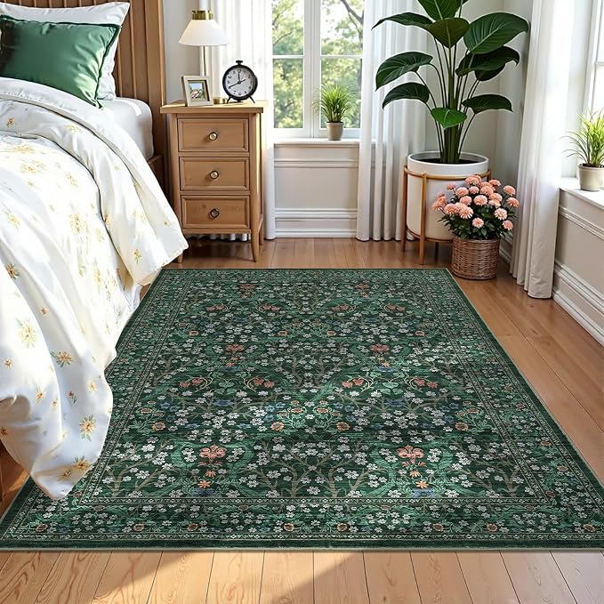 GarveeHome 6x9 Washable Area Rug for Living Room, Floral Dining Room Rugs for Under Table, Low Pile Non-Slip Stain Resistance Floor Carpet for Bedroom, Dark Green
