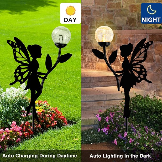 2 Pack Solar Fairy Garden Decor with Crackle Glass Globe Lights | Metal statues silhouette, waterproof, for outdoor lawn patio yard pathway home mother's day decorations gardening gifts