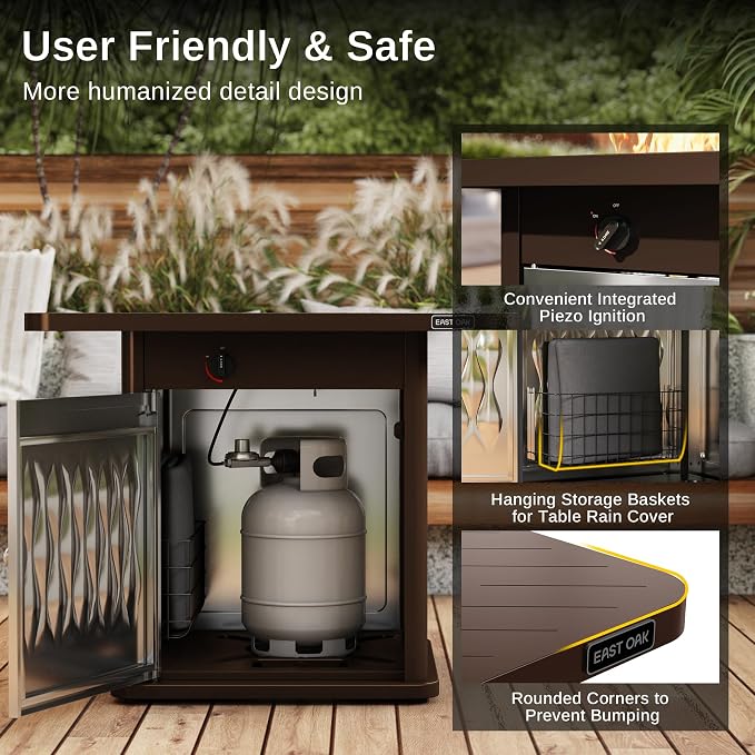 EAST OAK 28'' Stainless Steels Fire Pits Table, 50,000 BTU Upgraded Steel Gas FirePit for Outdoor, Outside Patio, CSA Certified Fire Table with Magnetic Lid, Cover-Storage Basket and Lava Rock, Brown