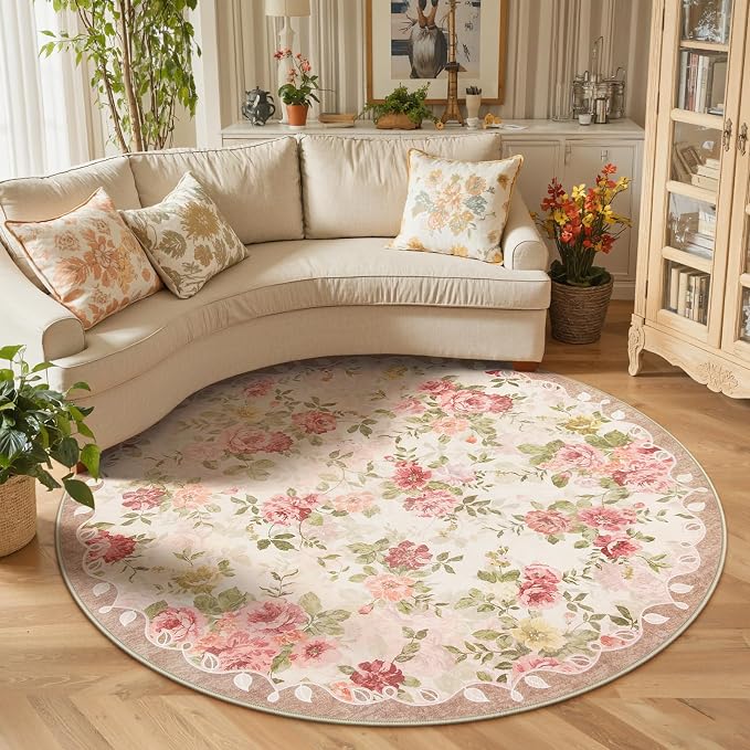 Lahome Floral Boho Round Rugs 6ft,Washable Round Rug for Dining Room Table | Circle Rugs for Living Room Large Round Carpet for Bedroom,Playroom,Nursery,Reading Corner Nina