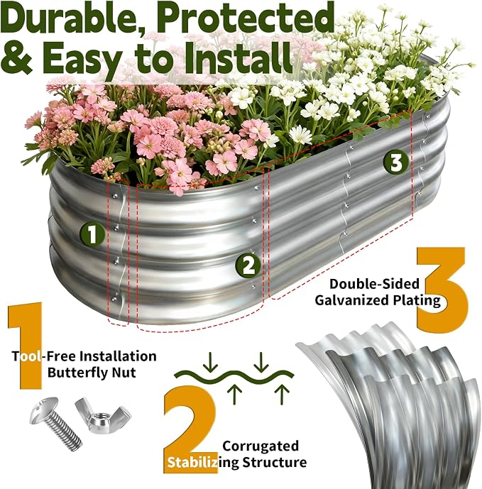 Galvanized Raised Garden Bed Outdoor, Large Raised Bed for Gardening, 3Pcs 4x2x1ft Oval Metal Planter Box for Vegetables, Fruits, Flowers, Silver