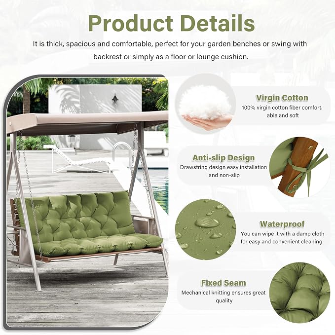 Porch Swing Cushion with Backrest,Waterproof Bench Cushion for Outdoor Furniture,2-3 Seater Replacement Thickened 5 in swing cushion,with Ties,Patio,Outdoor,Backyard and Garden (Light Green,60x40 in)