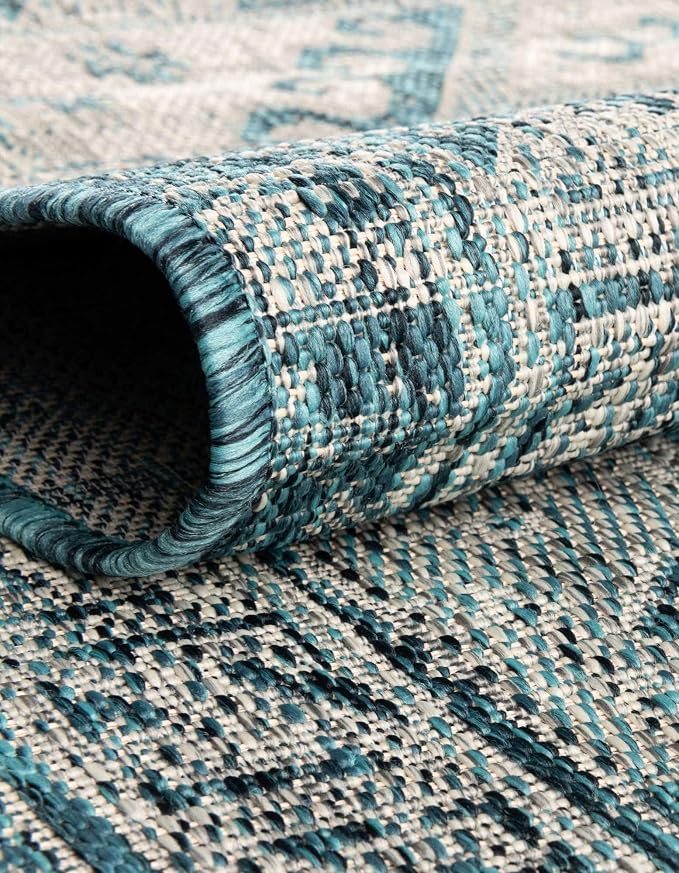 Unique Loom Outdoor Aztec Collection Area Rug - Coba (7' 1" x 10' Rectangle, Teal/ Ivory)