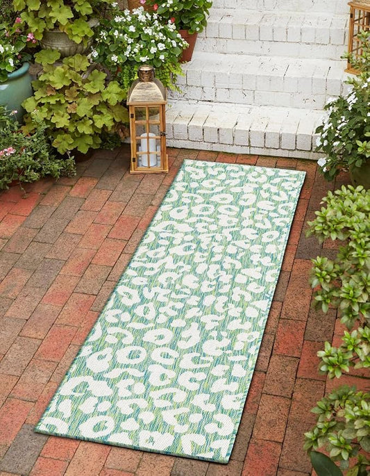 Unique Loom Outdoor Safari Collection Area Rug - Leopard (2' 11" x 10' Runner, Green Blue/ Ivory)