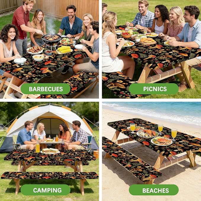 Picnic Table Cover with Bench Covers Elastic Edges, 3 Pcs Mushroom Fitted Table Cover with Drawstring Bag, Waterproof Windproof Aesthetic Camping Tablecloth, Outdoor Camping Essentials 72 Inch