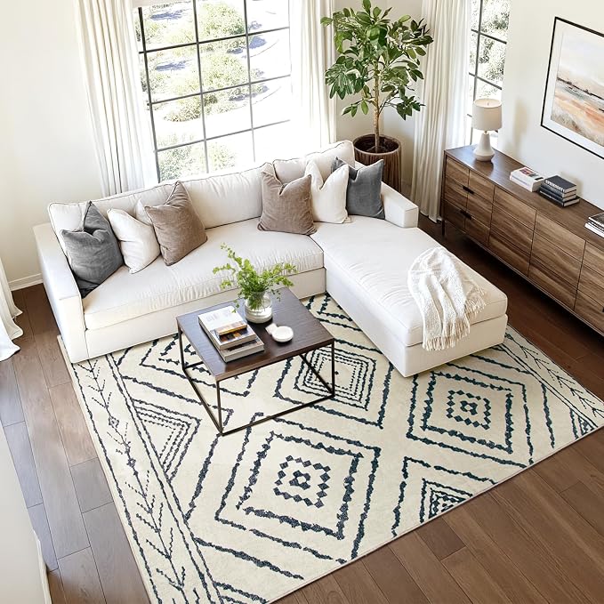 8'x10' Washable Area Rug for Living Room Bedroom White Black | Soft Western No Slip Low Pile Print Foldable Indoor for Kitchen Dining Room