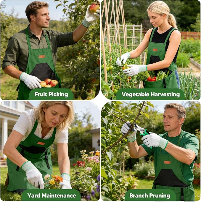 3PCS Gardening Apron, Harvest Apron with Shears and Gloves for Women, Men | Cross-Back, Large Quick Release Pocket, 600D Oxford Fabric, Heavy-Duty Garden Apron for Fruit Picking, Field Work, Harvesting