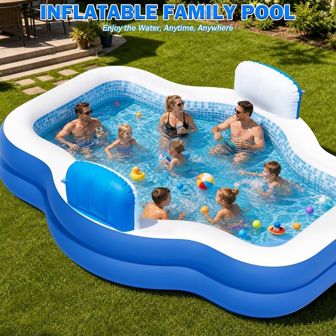 Extra Large Inflatable Pool with Pump, 121" X 90" X 22" Full-Sized Blow Up Pool with Seats for Adults, Family Inflatable Swimming Pool for Summer Water Party Backyard Garden Lawn
