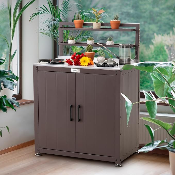 Feasto Outdoor Potting Bench Table with Storage Cabinet, Brown | Stainless Steel Garden Workstation, Raised-Edge Top, Adjustable Shelf & Removable Hutch, Patio, Balcony & Outdoor Workspace