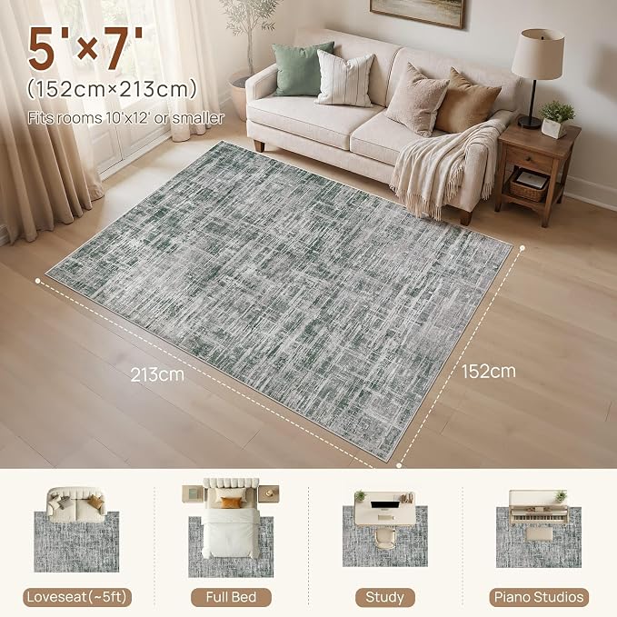 UERMEI 5x7 Area Rug for Living Room Washable Abstract Grey/Green Carpet | Low Pile Non-Slip Soft Neutral Modern Kid Pet Friendly Large Rugs For Bedroom Dining Room Nursery Office Indoor Decor