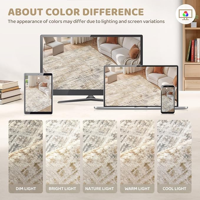 Uermei 9x12 Area Rug for Living Room Washable Abstract Golden Brown Carpet | Low Pile Non-Slip Soft Neutral Modern Kid Pet Friendly Large Rugs For Bedroom Dining Room Nursery Office Indoor Decor