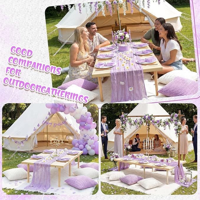 Beeveer 14 Pack Picnic Kit 91x71 Inch Extra Large Outdoor Boho Picnic Blanket with Purple Table Runner, 6 Throw Pillow Covers 6 Napkin Woven Cotton Yarn Washable Beach Blanket for Camp Wedding Decor