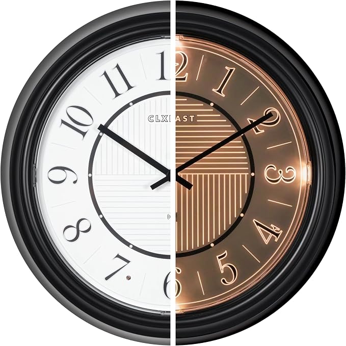 CLXEAST 14 Inch LED Illuminated Indoor Outdoor Atomic Analog Wall Clock Battery Operated, Glow in the Dark Wall Clock for Living Room, Home Office,Bathroom,Kitchen,Oil Rubbed Bronze Black Finish