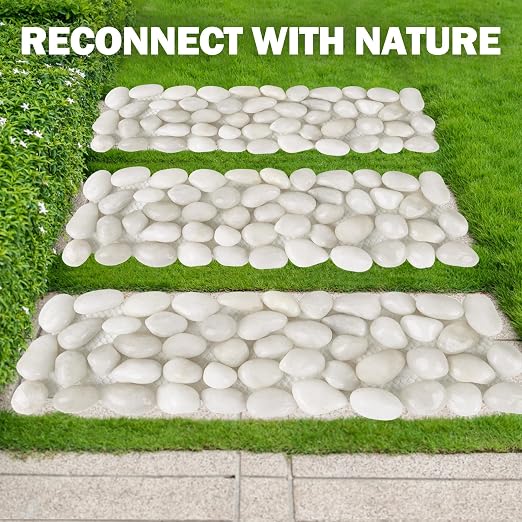River Rock Stepping Stones Outdoor for Garden Walkway, 6 Pcs 16" L x 6" W Rectangle Shape Paver Step Stones Polished Pebble River Stone Mat for Yard Lawn Patio Pathway Walk Way - White