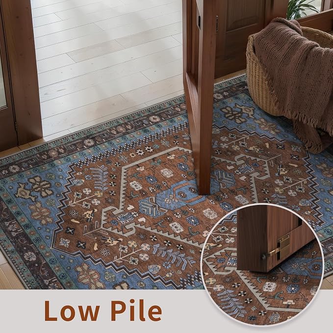 Ciicool Washable 3x5 Area Rug,Boho Non-Slip Indoor Mat for Entryway Kitchen | Oriental Low-Pile Soft Vintage Boho Indoor Entry Carpet for Bedroom Bedside Living Room Laundry Dining Room