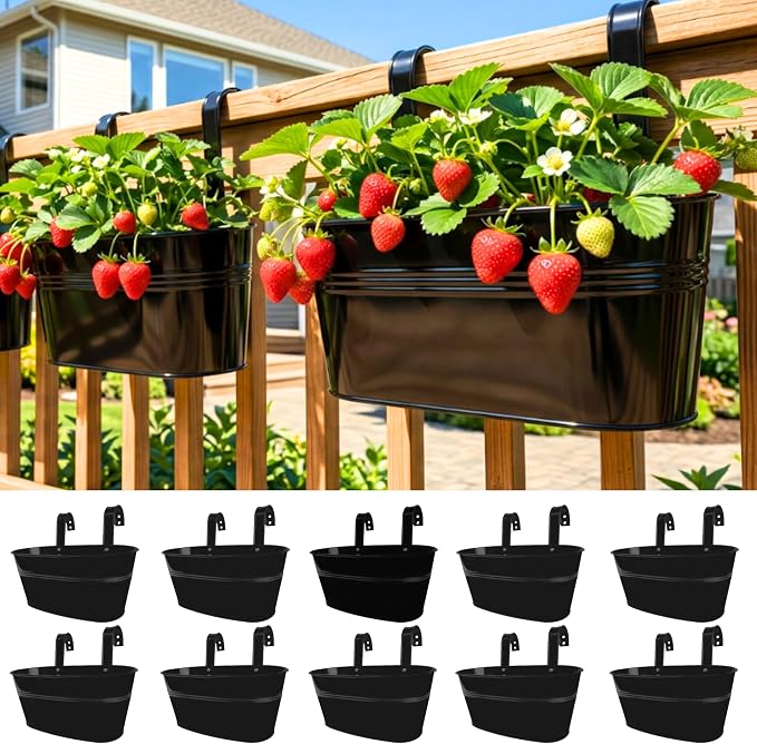 LaLaGreen Rail Planter Outdoor Plants(11.8 Inch, 10 Pack) Black Metal Iron Hanging Flower Pots Deck Railings Fence Buckets Modern Countryside Boho Style Wall Mount Window Box Plant Holder Porch Decor