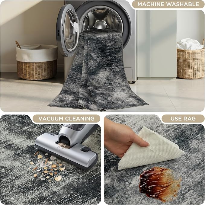 Joydeco 2x6 Washable Runner Rug for Hallway, Modern Abstract Non-Slip Soft Rugs, Low Pile Carpet for Entryway, Bedroom, Kitchen, Laundry, Light Gray & White & Dark Gray